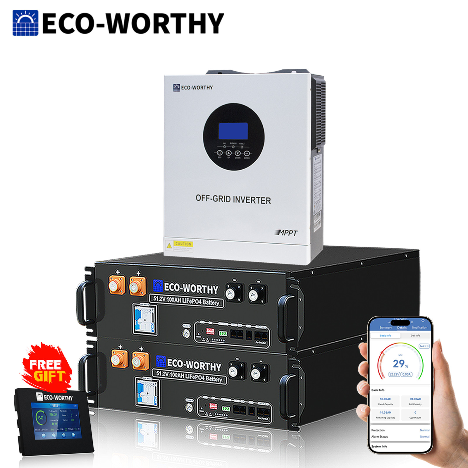 ECO-WORTHY 2Pack 48V 100Ah Lithium LiFePO4 Battery+5.5kW 48V Off-grid Inverter gallery