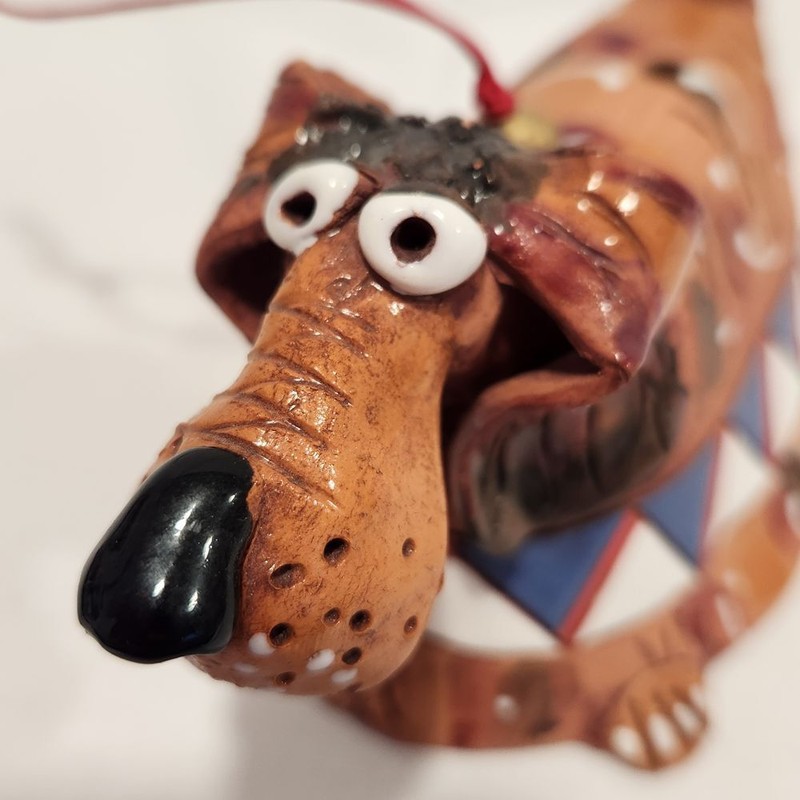 Handmade Studio Pottery Dachshund Dog Bell Ornament Whimsical Folk Art Brown gallery