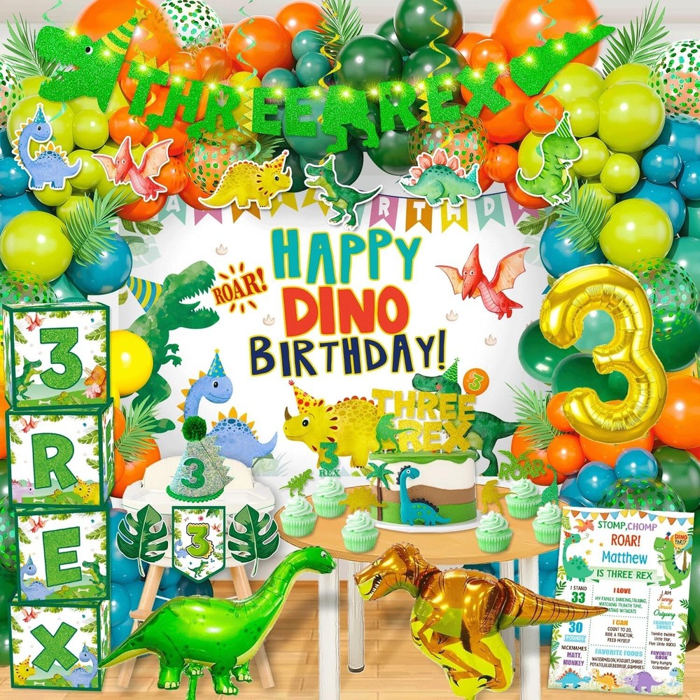 147pcs Three Rex Birthday Decorations,Dinosaur Party Decorations for 3 Years Old