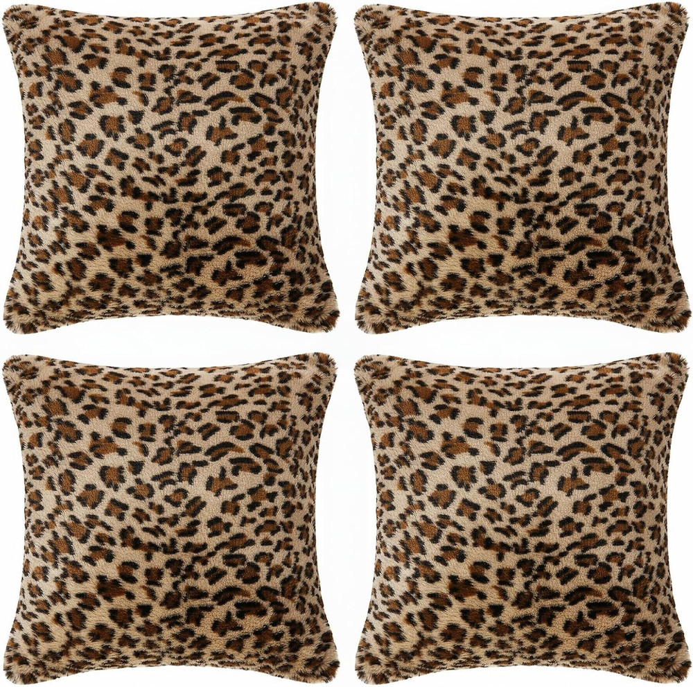 Faylapa 4 Pack Soft Plush Leopard Print Pillow Covers,Animal Theme Print Faux Fu