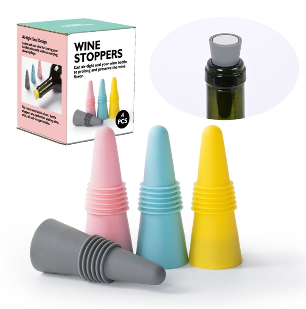 4-Piece Reusable Silicone Bottle Stoppers, Bar Tools, Beverage Bottle Sealer gallery