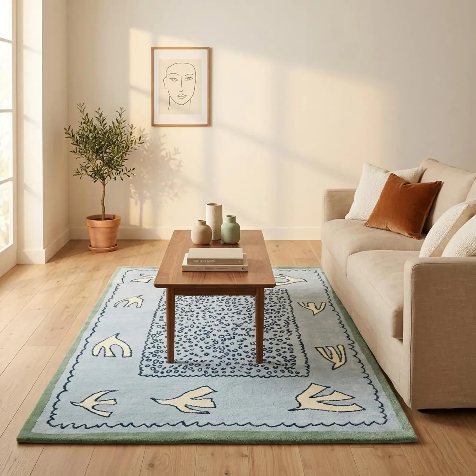 Hand Tufted Wool Rug, Scandinavian Bird Pattern Carpet, Minimalist Kids Room gallery