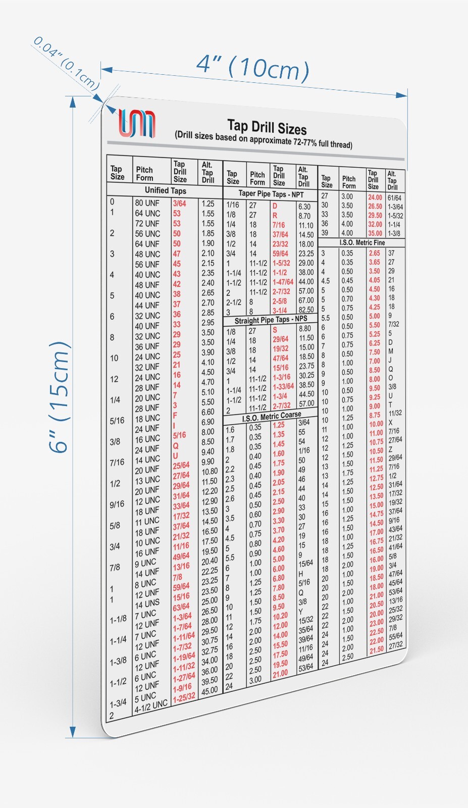 MAGNETIC Tap Drill Size Chart POCKET SIZE 11x15 cm gallery