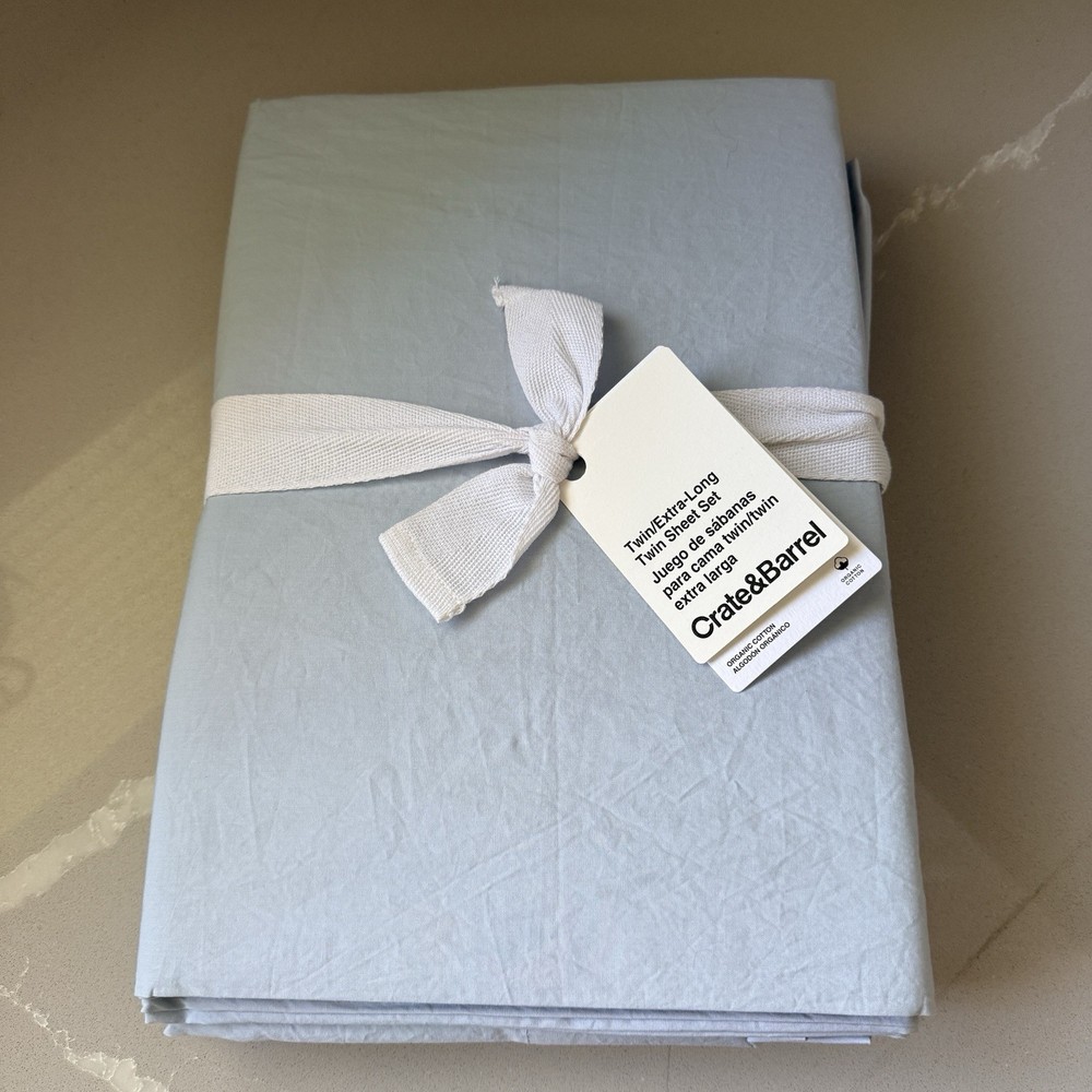 NWT Crate & Barrel Twin Sheet Set Extra Long Blue Cozy Cloud Organic Cotton