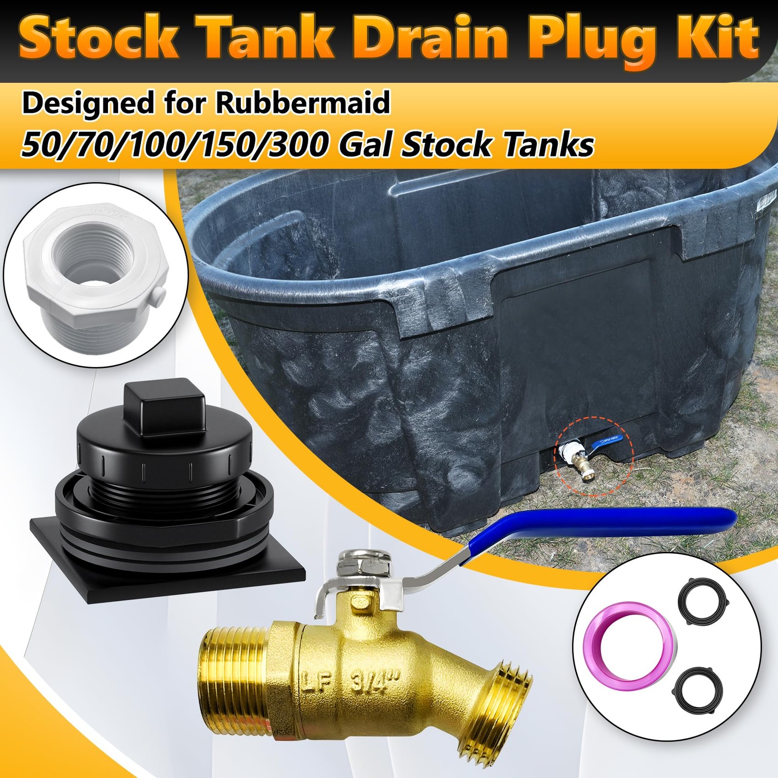 Stock Tank Drain Plug Kit Fit for rubbermaid Commercial 50 70 100 150 300 Gal... gallery
