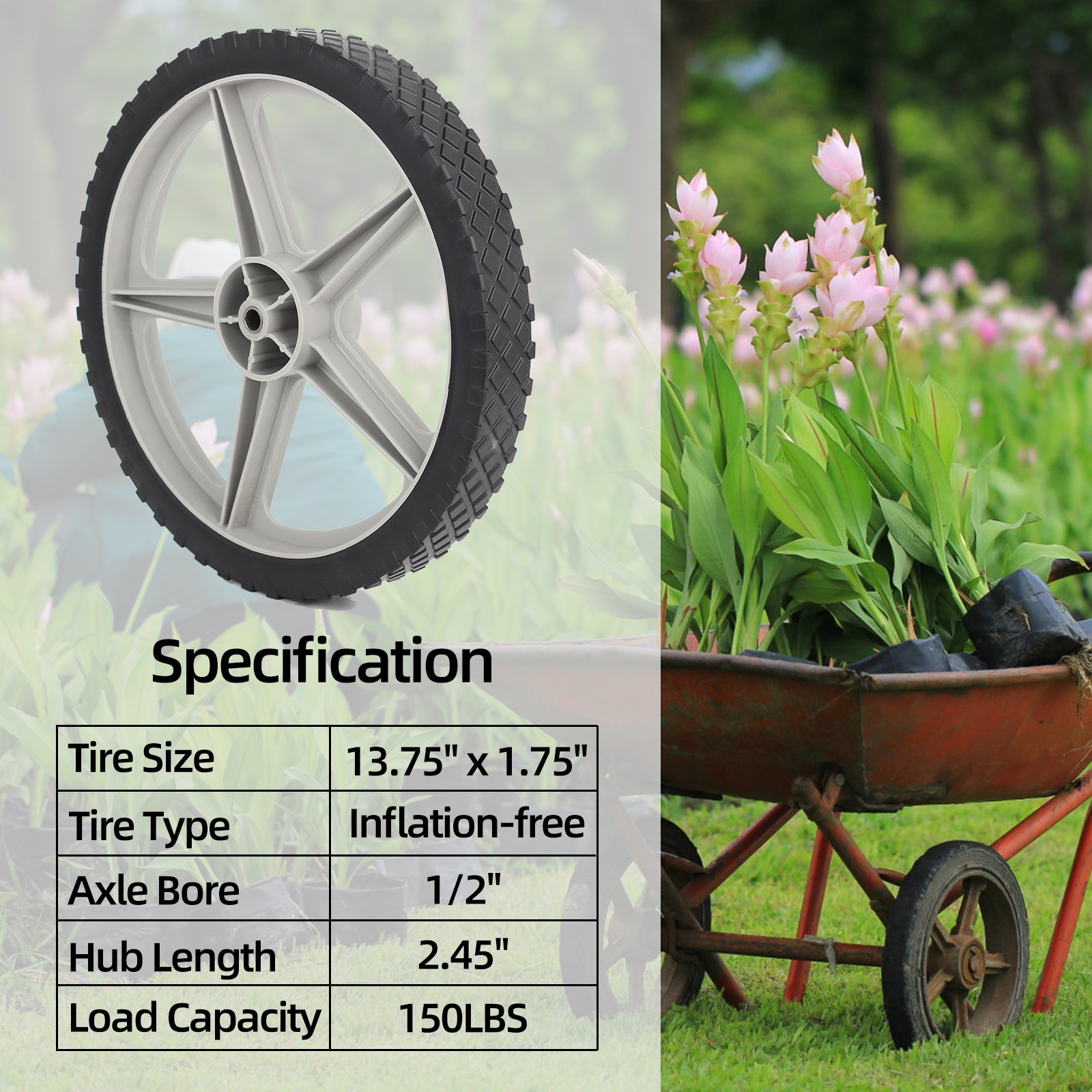 GICOOL 2-Pack 14 x 1.75" Spoked Plastic Lawn Mower Wheel & Tire, 1/2" Axle Bore gallery