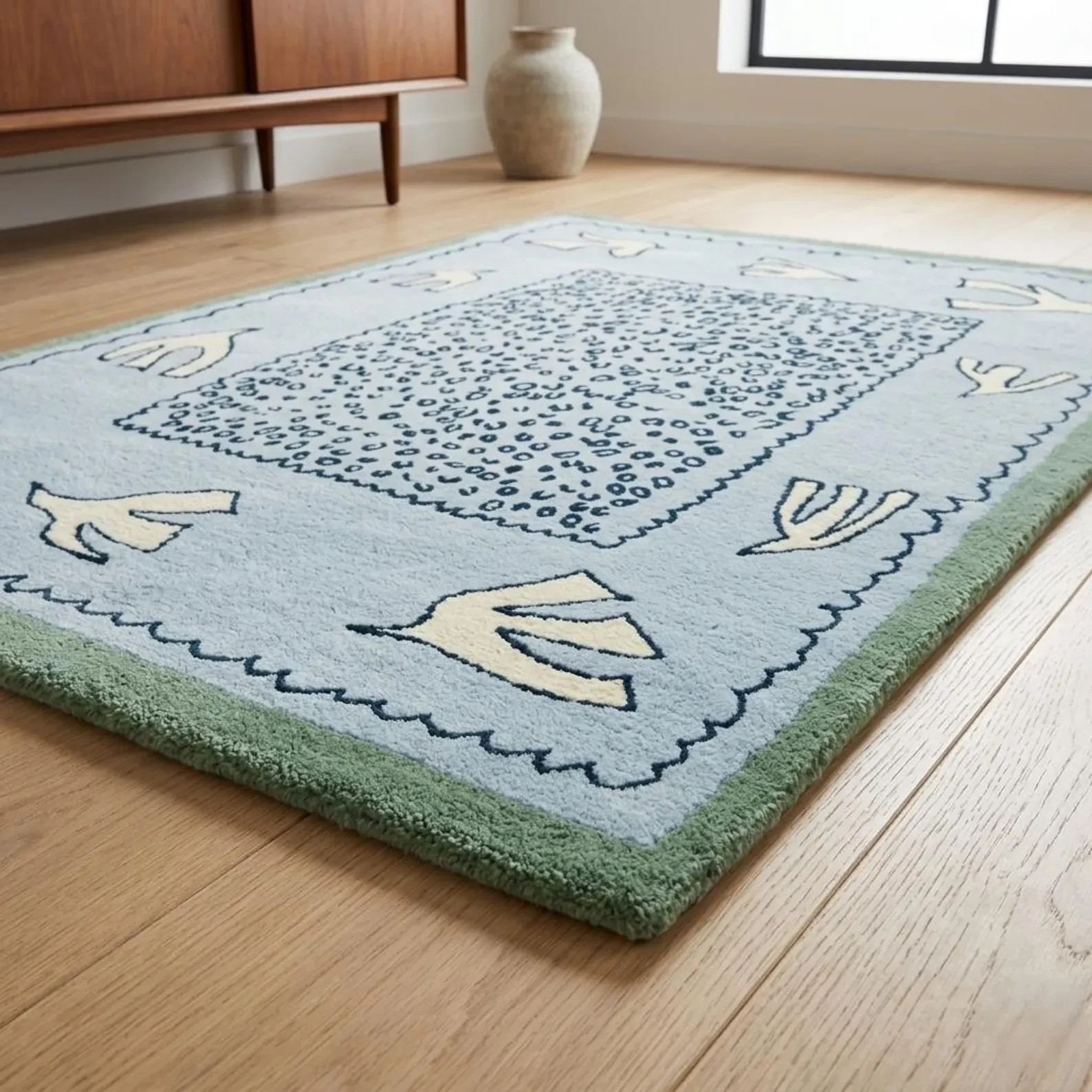 Hand Tufted Wool Rug, Scandinavian Bird Pattern Carpet, Minimalist Kids Room gallery
