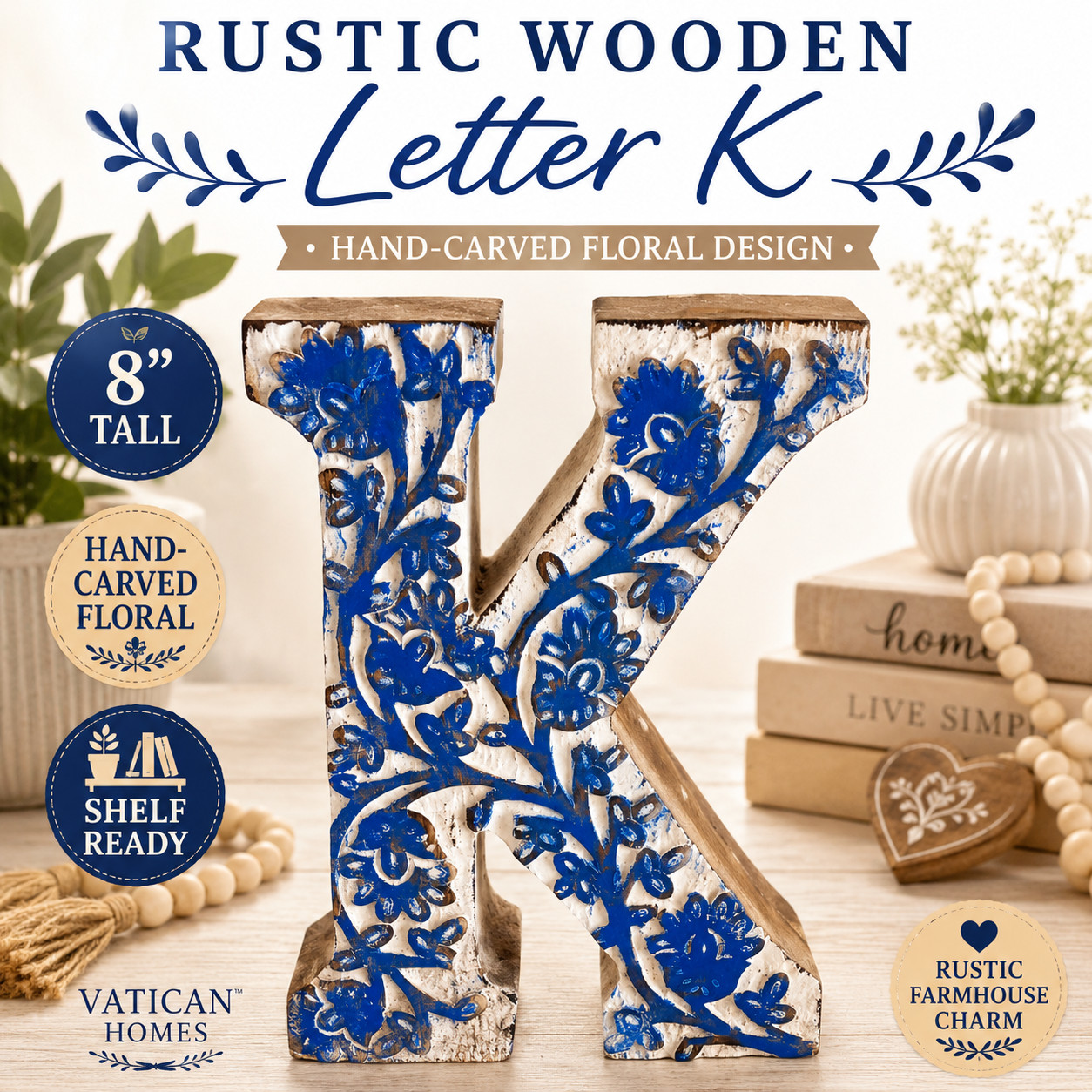 Rustic Wooden Letter K Monogram Blue Floral Carved Decor 8” Shelf Accent gallery