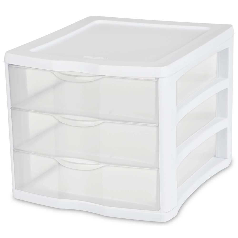 Sterilite 3 Drawer Unit, Clear Plastic Countertop or Desktop Storage Drawers, Wh