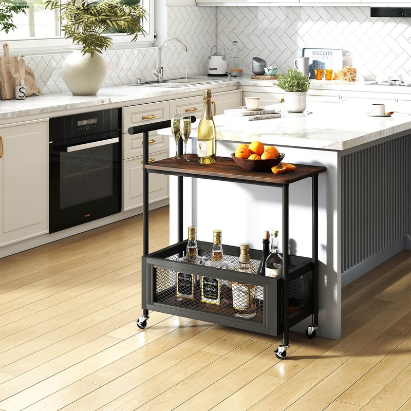 Rolling End Table w/Lockable Wheels Handle 2 Storage Shelves Industrial Bar Cart gallery