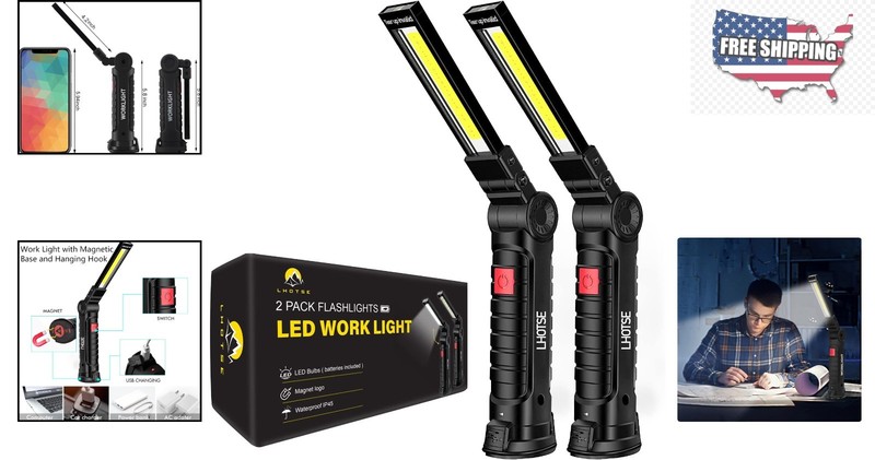 2-Pack 360° Rechargeable LED Work Lights with Magnetic Base & Hook for Mechanics gallery