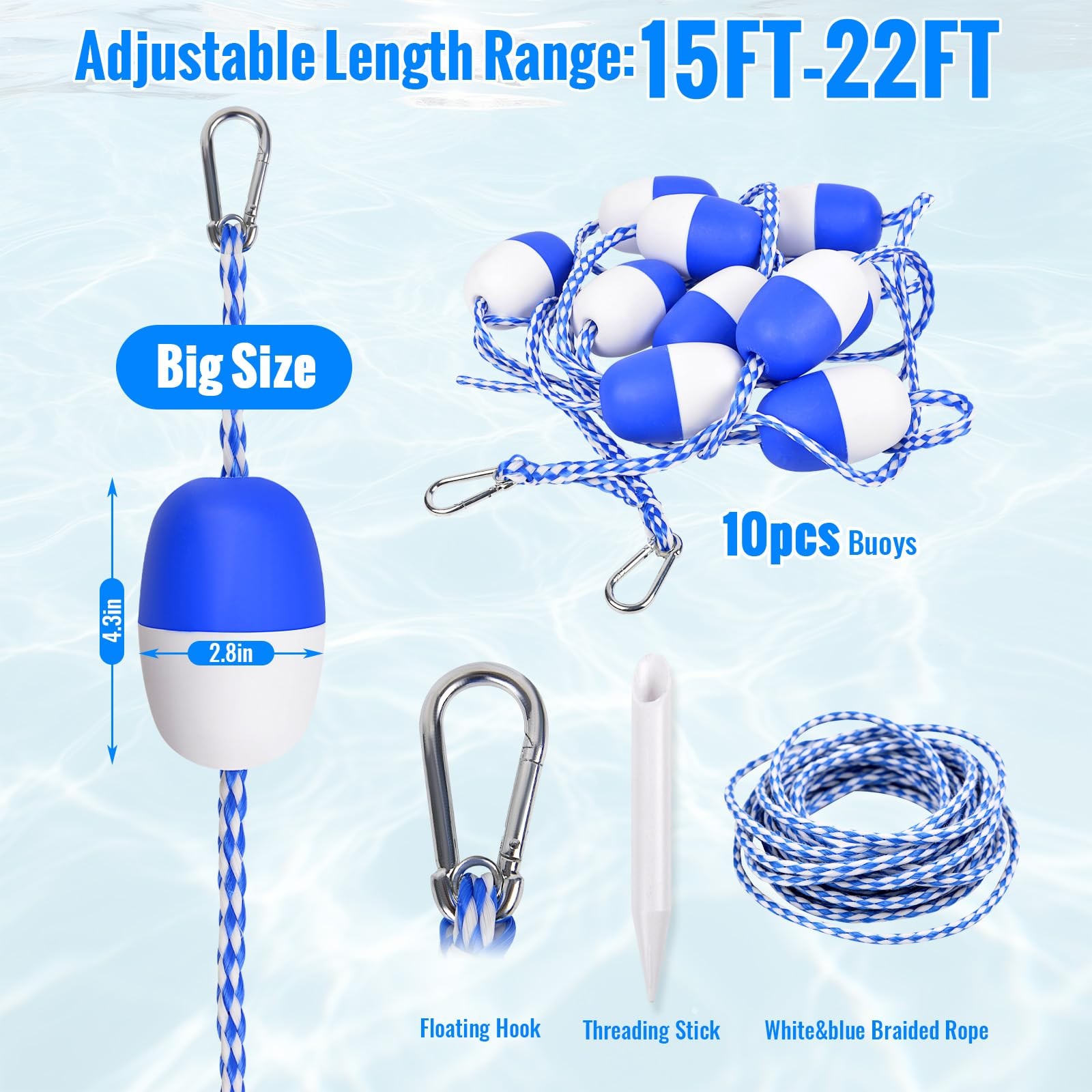 Pool Safety Rope Floats Buoy - 15ft-22ft Adjustable Floating 15ft-22ft, Blue gallery