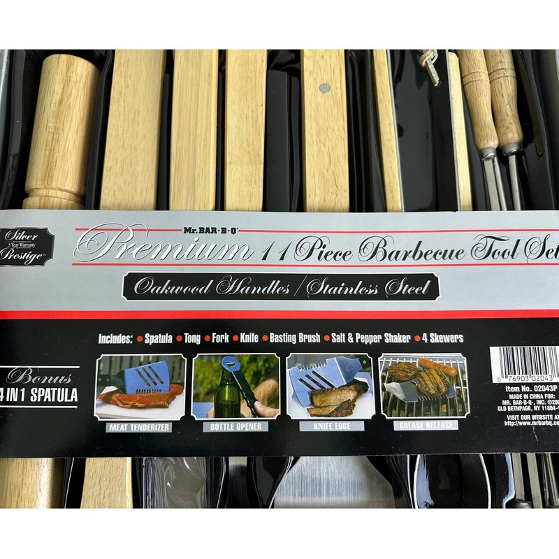 Premium 11Pc BBQ Tool Set Oakwood Handles Stainless Steel New In Box gallery