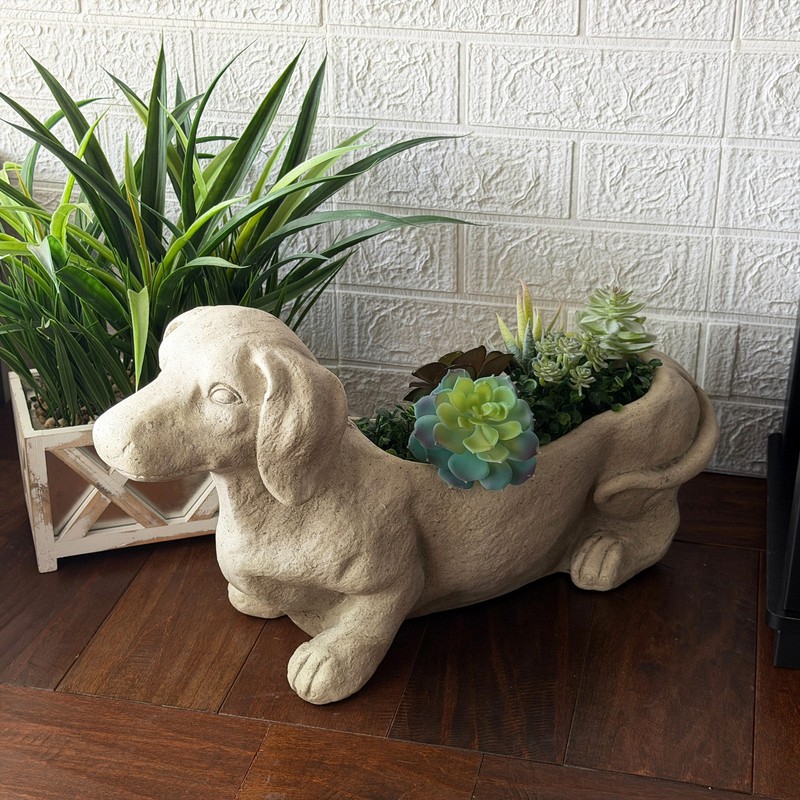 Rustic Distressed Grey Stone Finish Dachshund Dog Indoor Outdoor Planter Pot gallery