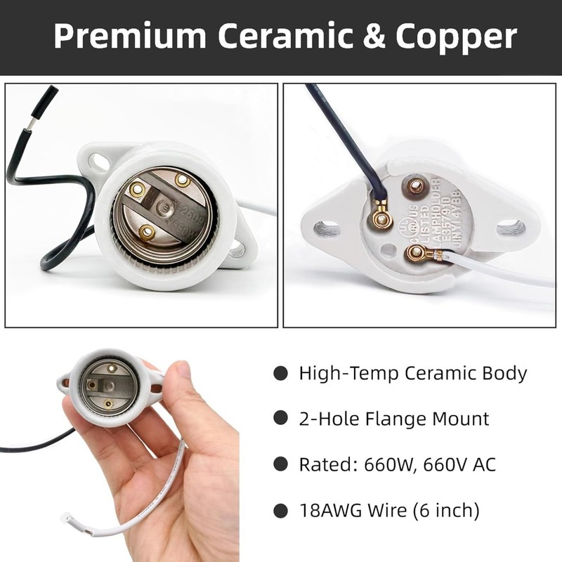 4-Pack E26 Ceramic Light Sockets, 600V 660W Lamp Holder & 6" 18AWG Wire gallery