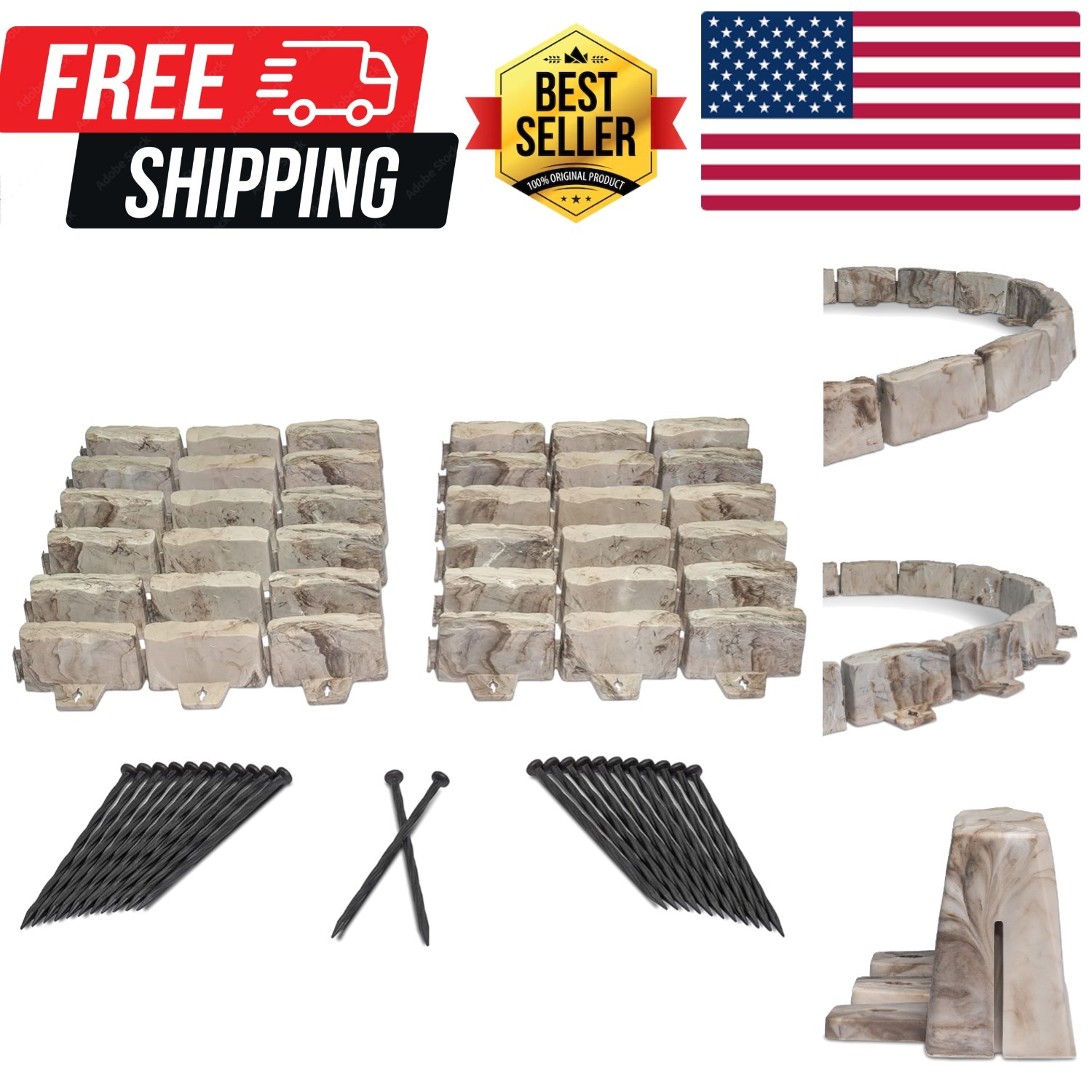 No-Dig Landscape Edging with Anchoring Spikes, 2.7 in Tall Decorative Stone-L... gallery