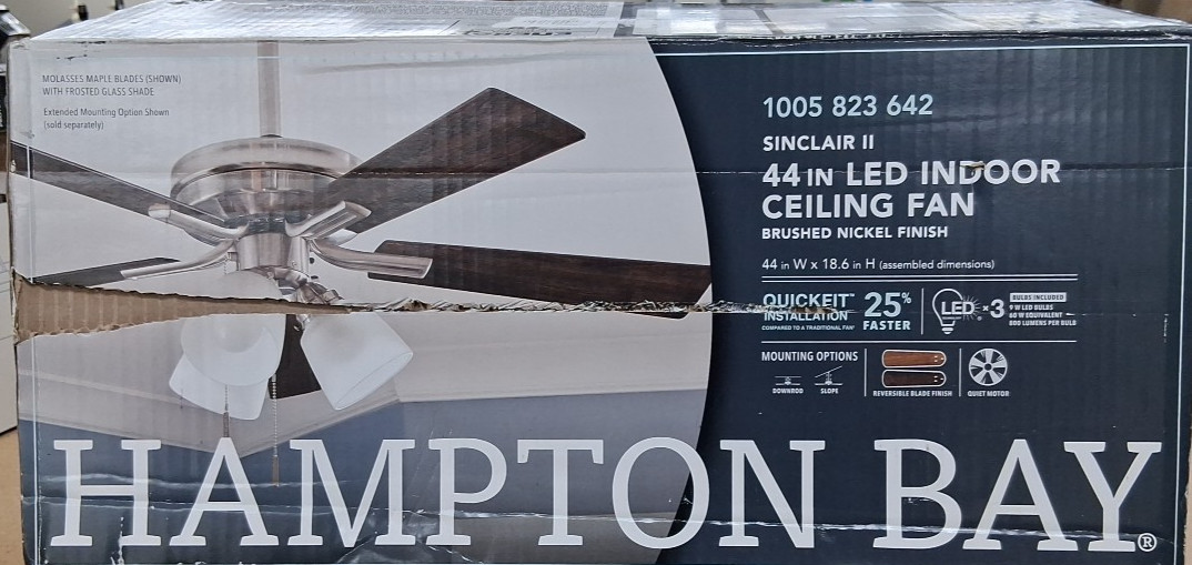 Hampton Bay Sinclair II 44in Indoor BN LED Ceiling Fan (Missing glass shade) *A2 gallery
