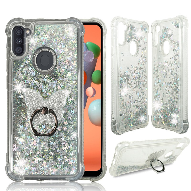 For Samsung Galaxy A11, Liquid Glitter Bling Clear Protective Case Ring Stand gallery