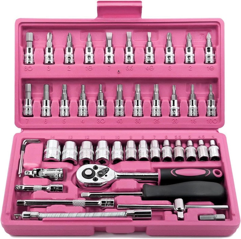 46pc 1/4" Drive Socket Set Metric Ratchet Wrench Kit Auto Repair Tool Case Pink gallery