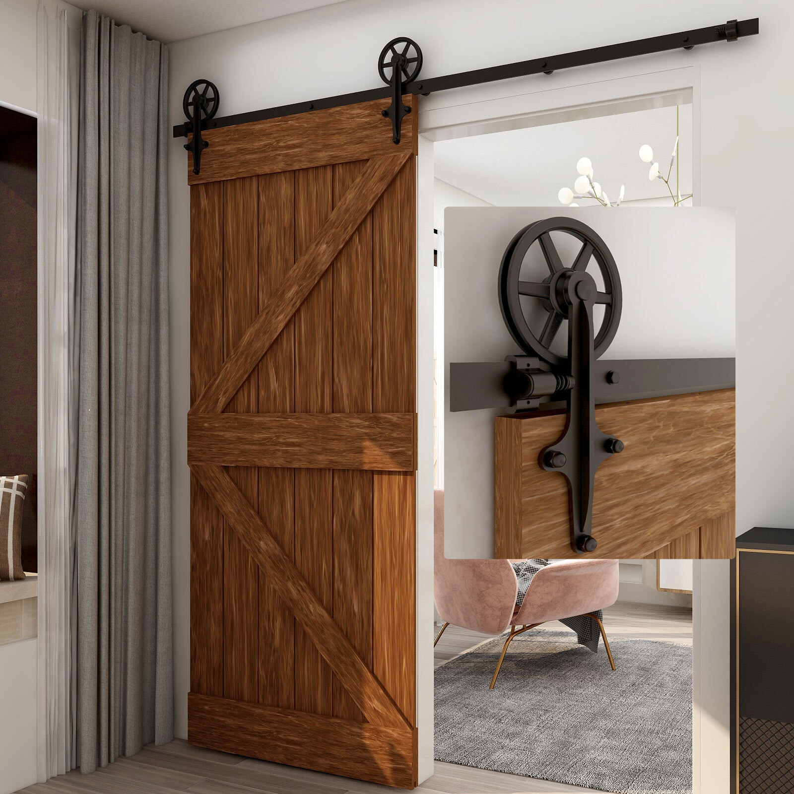 4FT-20FT Big Spoke Wheel Sliding Barn Door Hardware Kit For Single/Double Door gallery