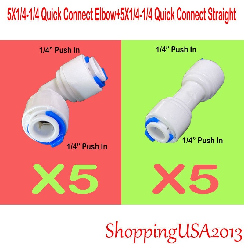 5 Pc Push In Straight + 5 Pc Quick Connect Elbow Fitting Connector RO 1/4-1/4 gallery