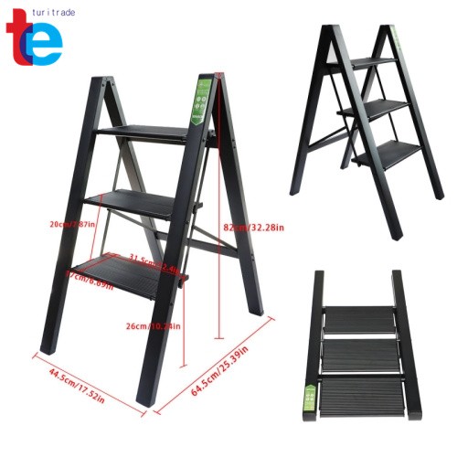 3 Step Black Folding Ladder Step Stool w/Wide Anti-Slip Pedal Carbon Steel