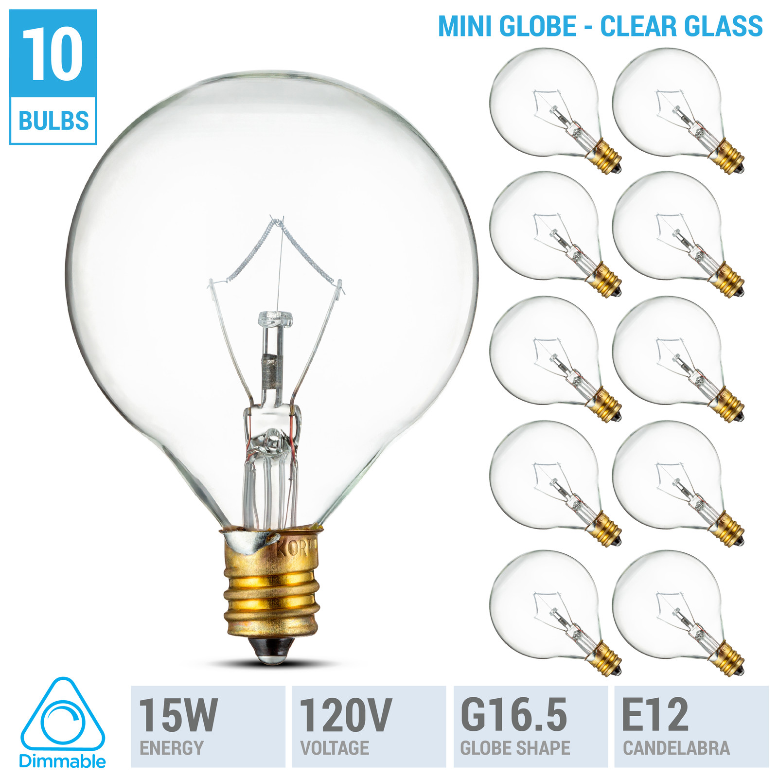 10 Pack Mini Globe Decorative Bulbs 120V 15W G16.5 Candelabra E12 Base Clear gallery