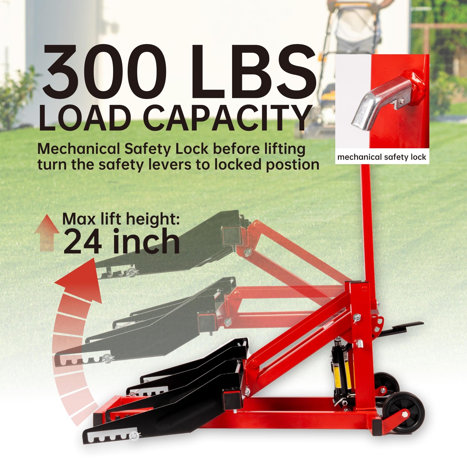 300lb Capacity, Adjustable Riding Lift Jack Heavy Duty Construction with Safe... gallery