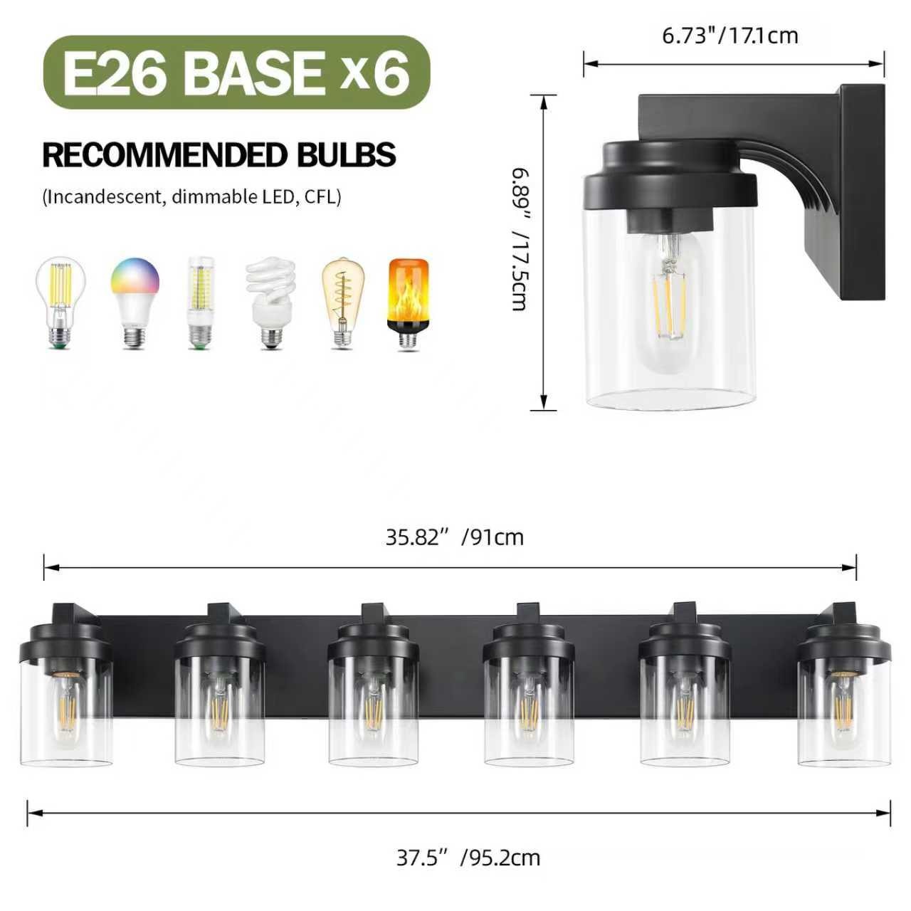 Black 38 in 6 Lights LED Vanity Light Clear Glass Shade for Bathroom Mirror Wall gallery