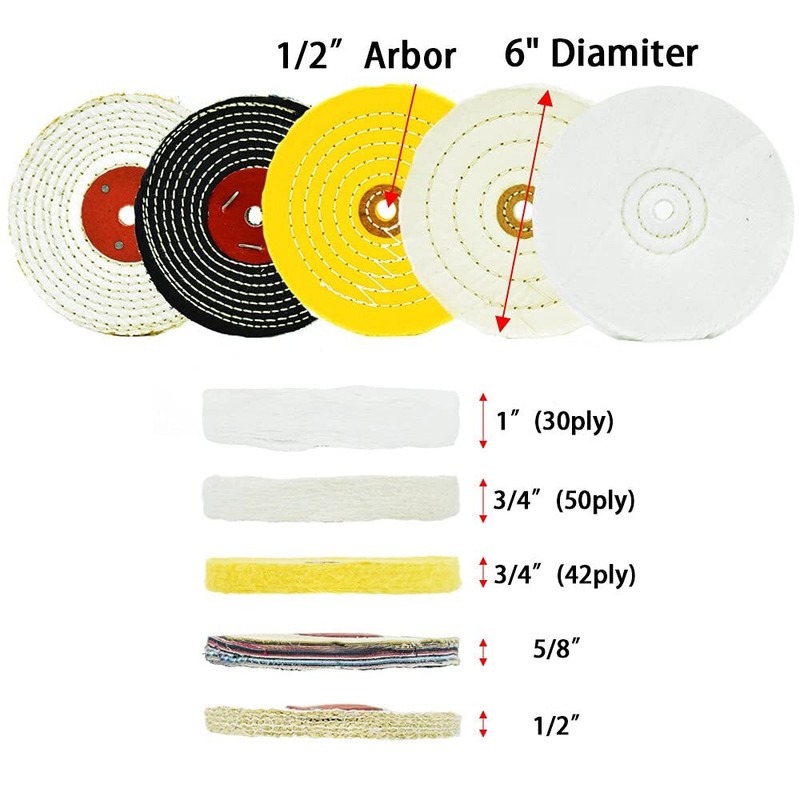 Buffing Polishing Wheel 6"x1/2"Arbor Coarse,Rough,M,Fine for Bench Grinder, 5-Pc gallery