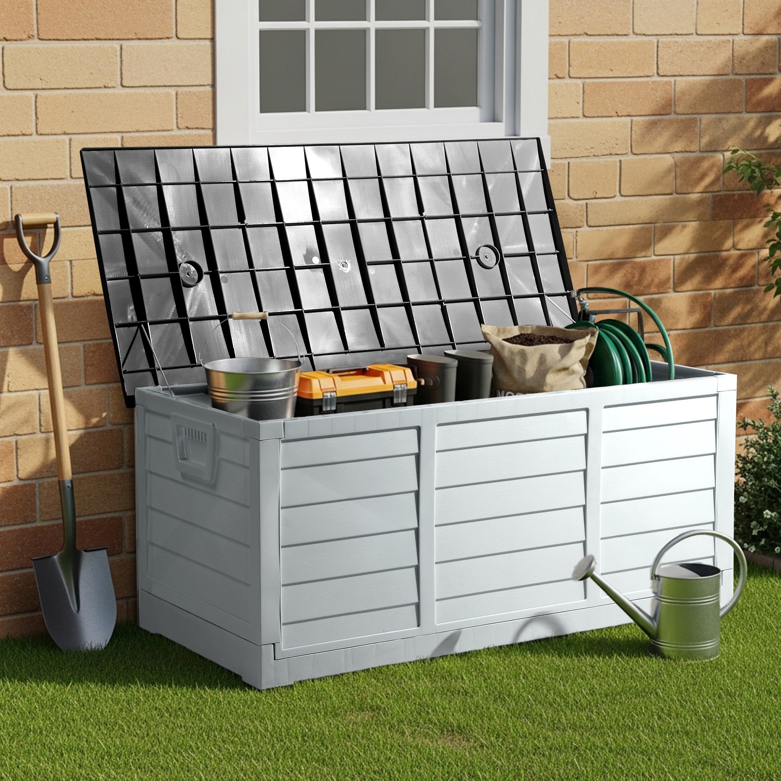 Foldable 8 min Fast Installation Outdoor Plastic Storage Box 75GAL with 2 Wheels gallery