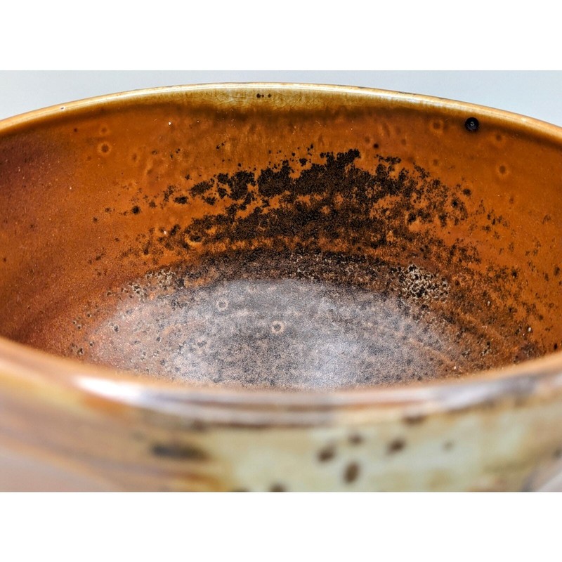 Vintage signed dated studio pottery bowl glossy matte glaze brown speckles gallery