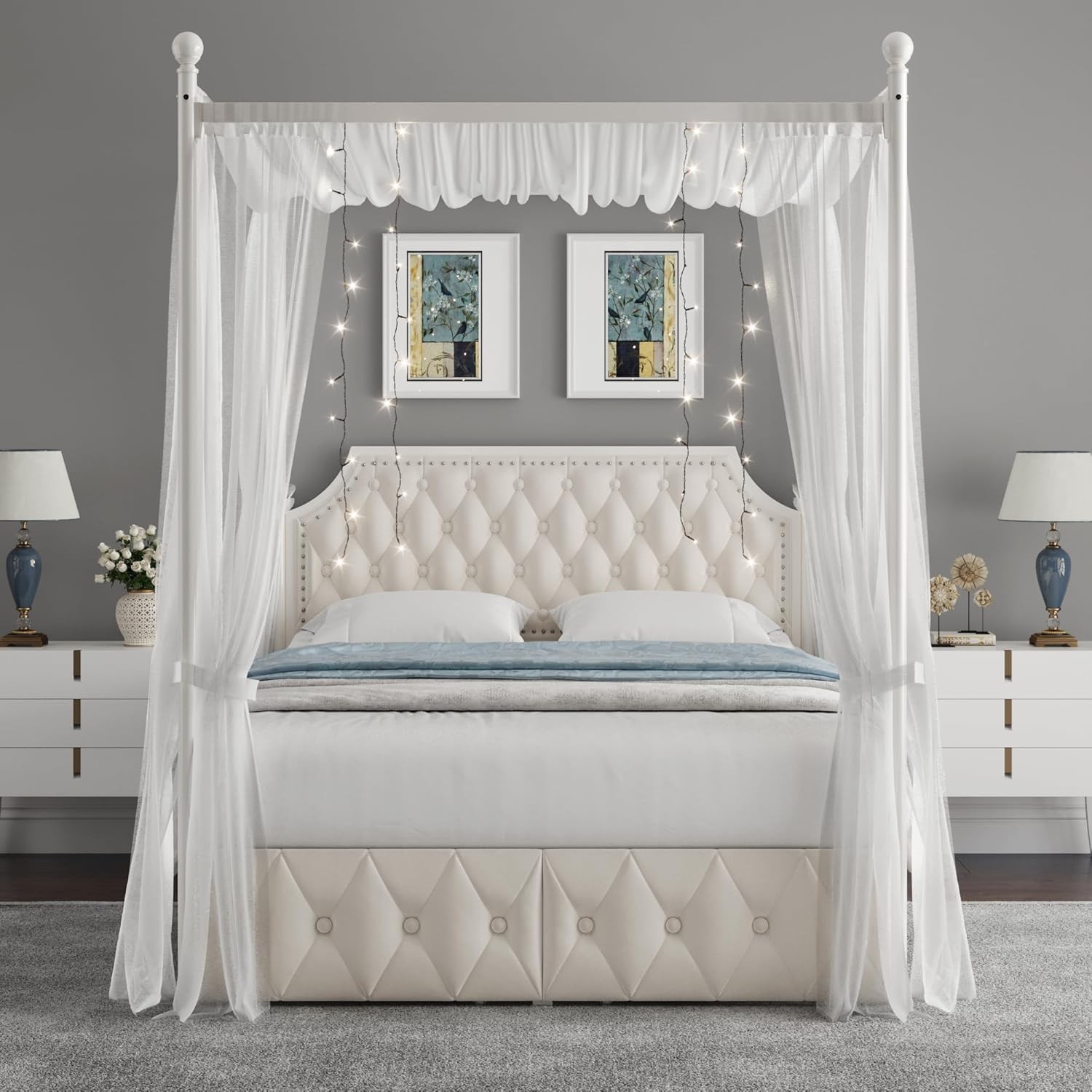 Queen Upholstered Canopy Bed Frame with 2 Drawers and Button Tufted Headboard... gallery