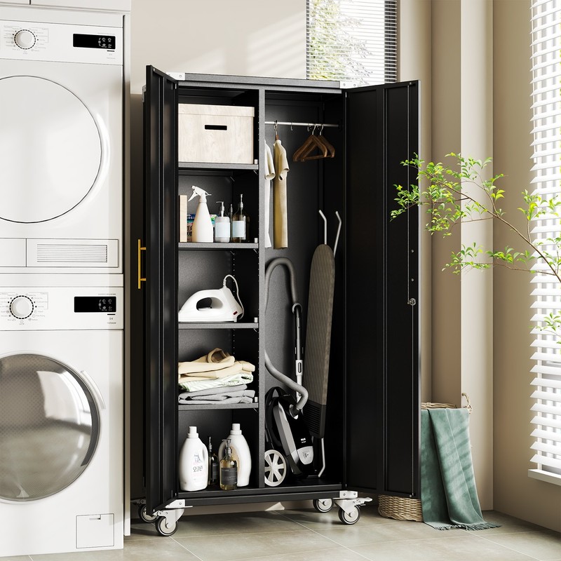71" Rolling Metal Tool Cabinet, Lockable Cleaning Cabinet with Hooks for Garage gallery