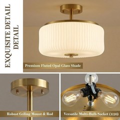 3-Light Gold Semi Flush Mount Ceiling Light 11.8″ Fixture Ribbed Glass Shade