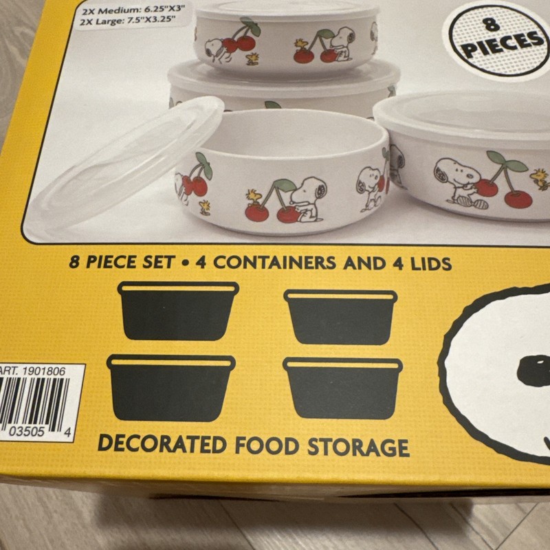 Peanuts Snoopy 8 PC Ceramic Food Storage Bowls w/ Lids Cherries gallery