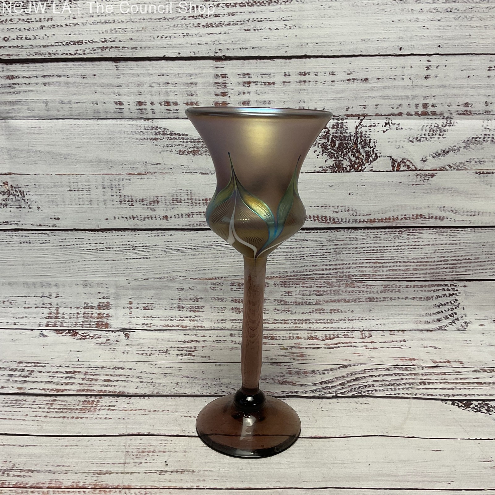 Stuart Abelman Signed Iridescent Pulled Feather Art Glass 9" Goblet 1980 gallery