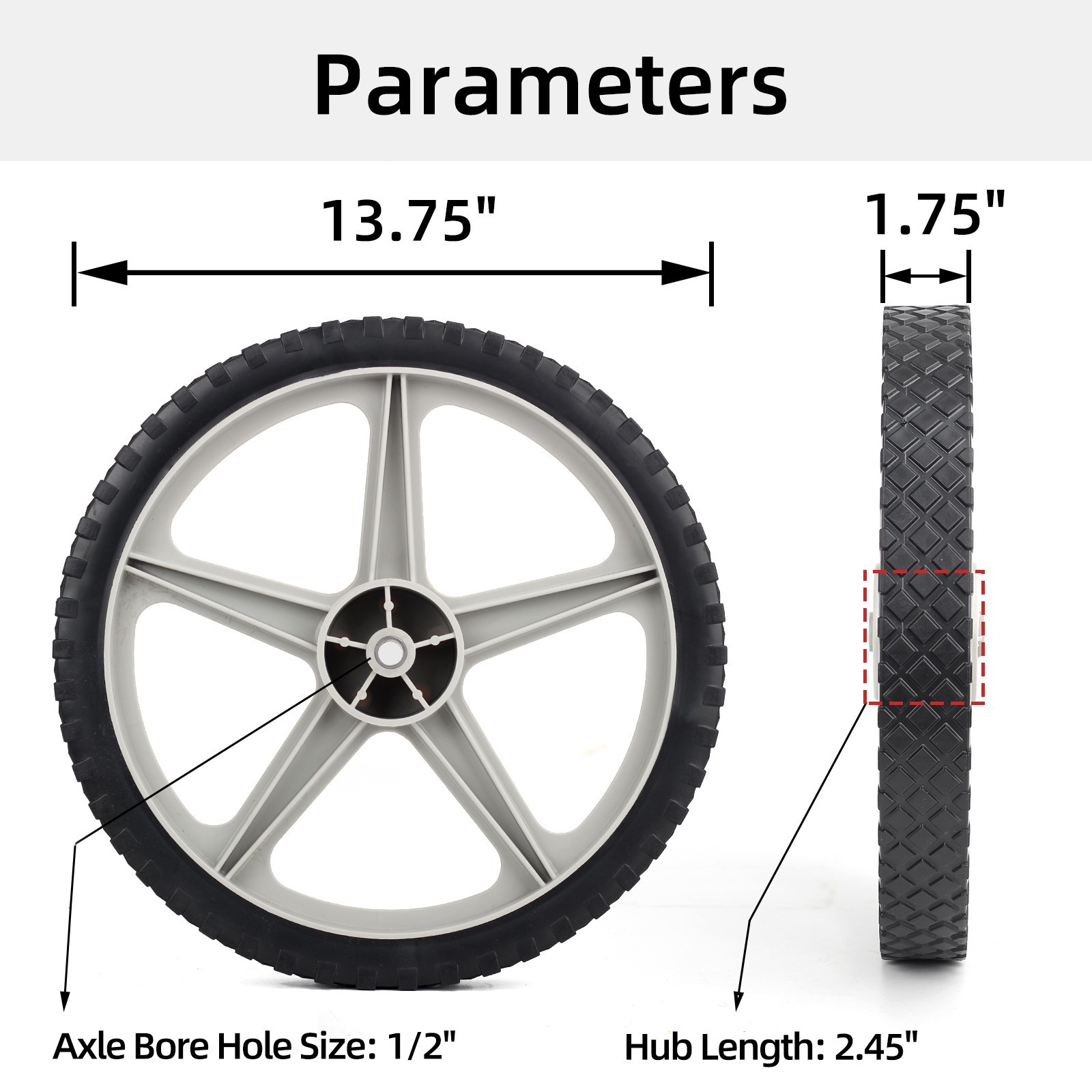 GICOOL 2-Pack 14 x 1.75" Spoked Plastic Lawn Mower Wheel & Tire, 1/2" Axle Bore gallery