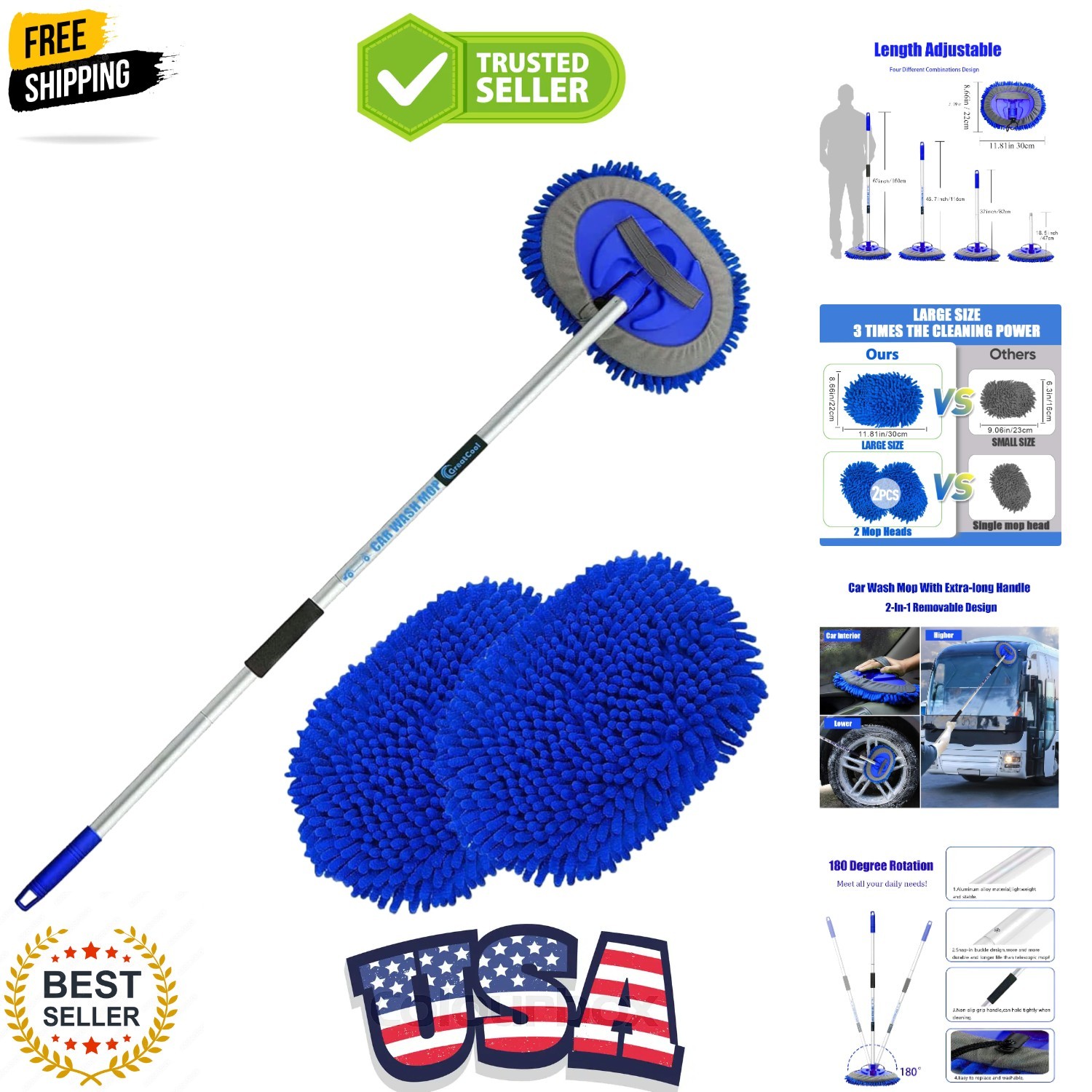62" Car Wash Brush Mop Kit with Long Handle, 2 in 1 Chenille Microfiber Spong... gallery