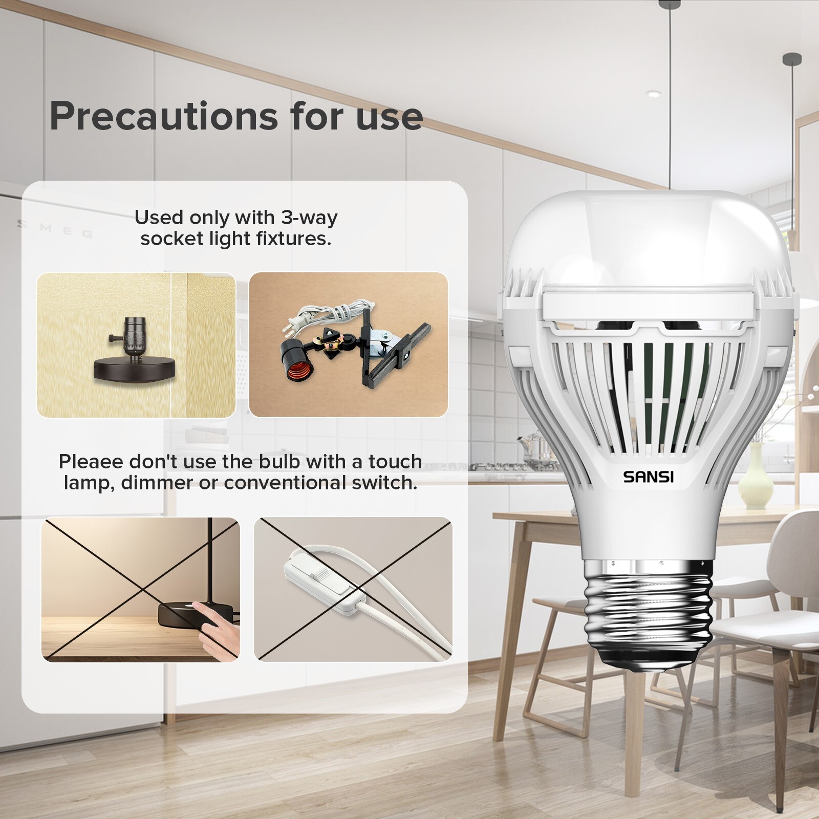 SANSI 3 Way LED Light Bulb Dimmable 13W A19 5000K Daylight 700LM-1600LM Indoor gallery