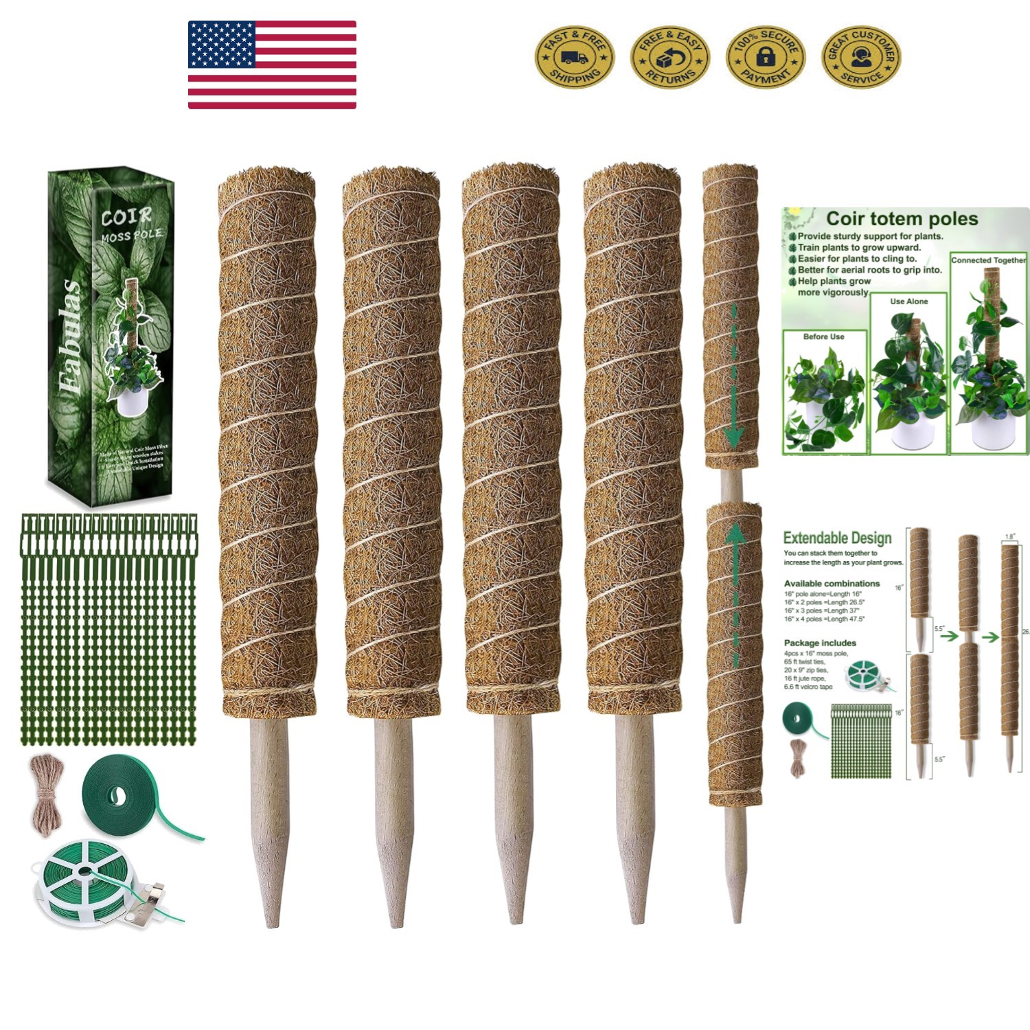 4 16 Inch Moss Poles for Monstera, Pothos & Indoor Climbing Plants gallery