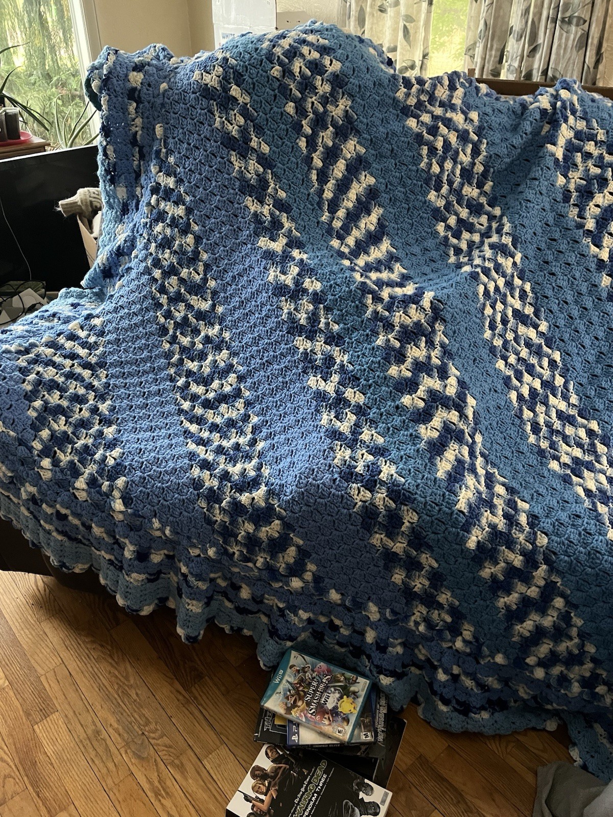 Hand Crochet Afghan It Is A Large Round Afghan and Blues And White Colors. gallery