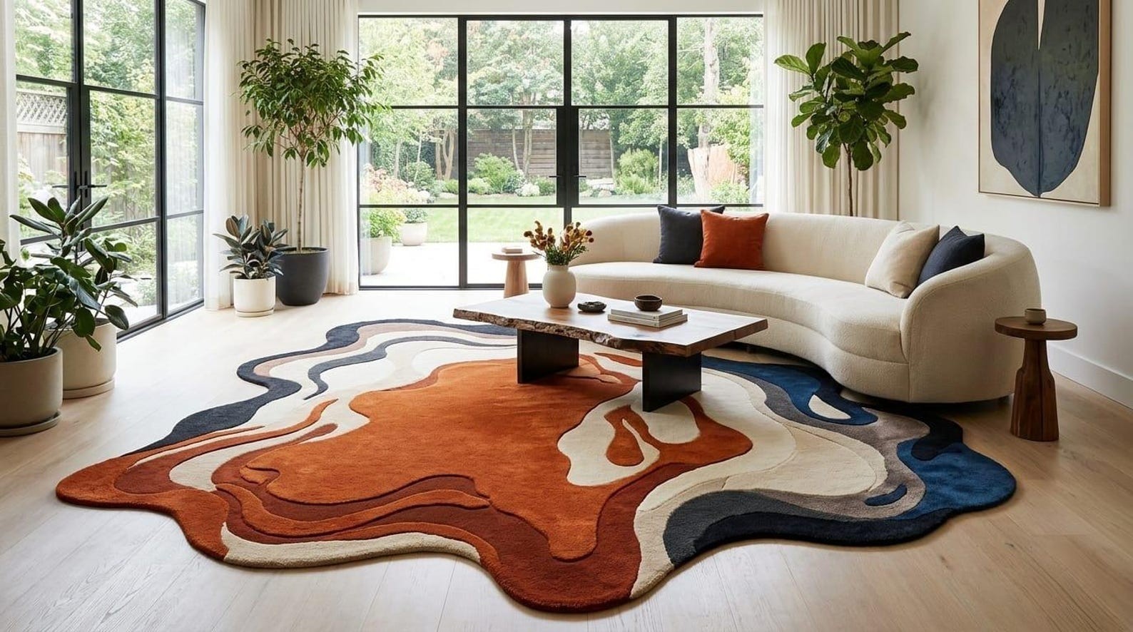 Large Irregular Shape Rug Abstract Navy Orange Topographical Modern Wavy Carpet gallery