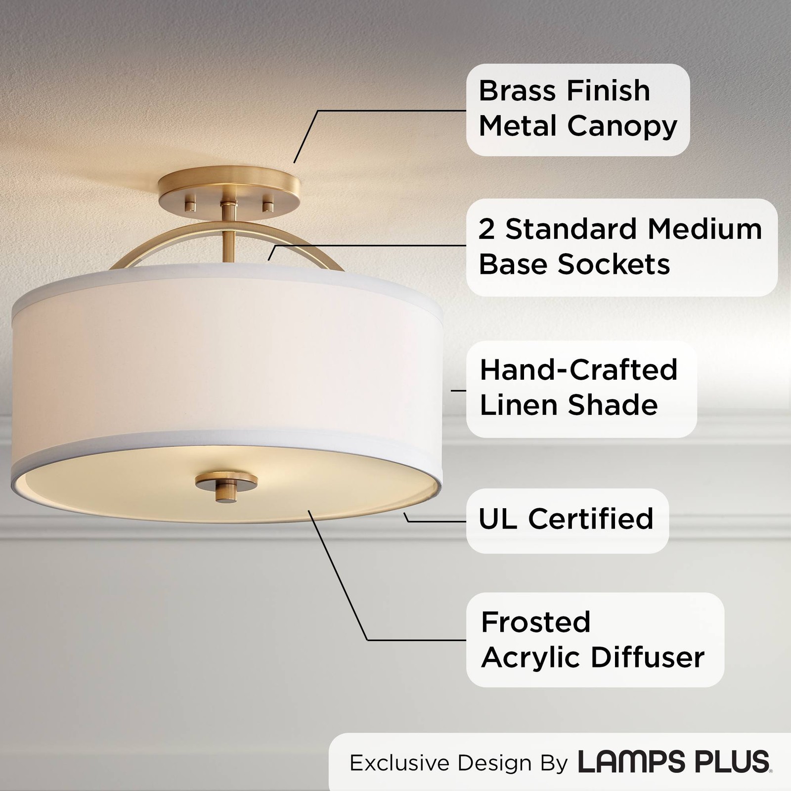 Halsted Modern Ceiling Light Semi Flush Mount Fixture 15" Warm Brass White Shade gallery