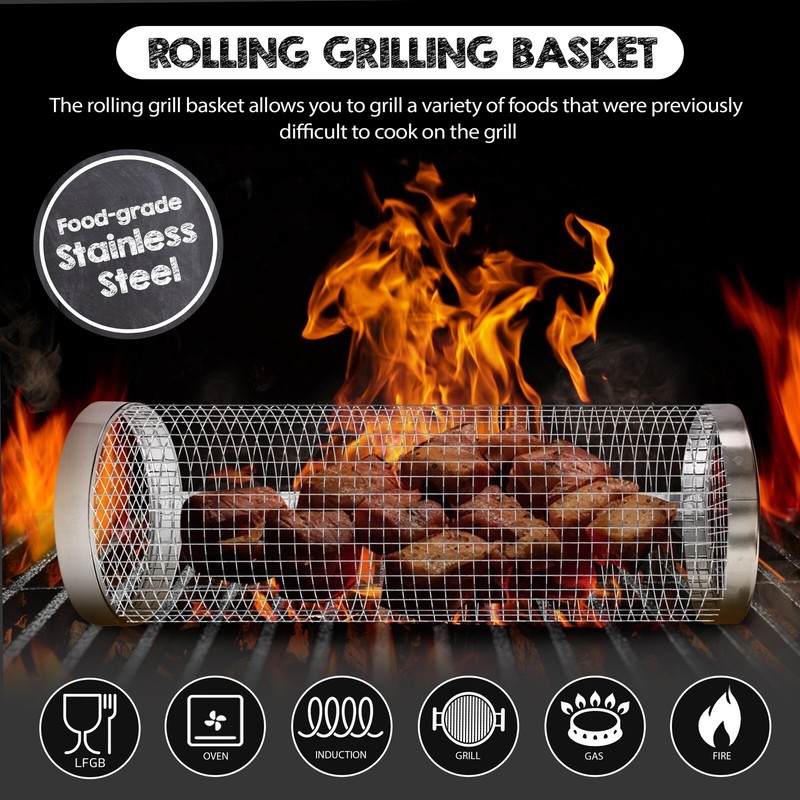 2 Pack Rolling Grilling Baskets Stainless Steel BBQ Gifts Outdoor Camping gallery