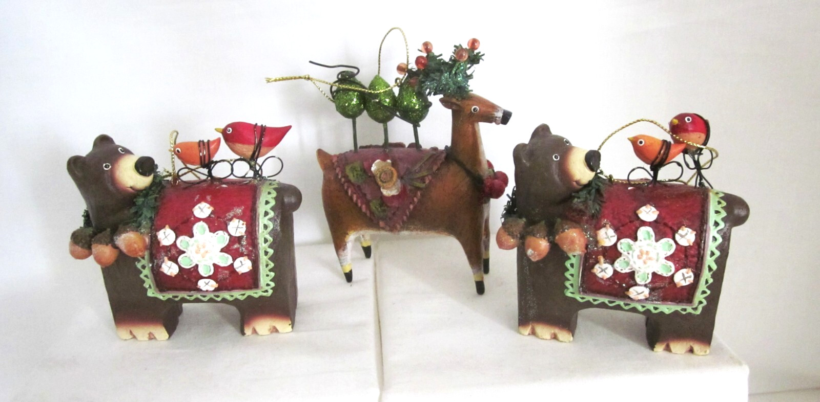 3 Whimsical Forest Animal Christmas Ornaments Resin 2 Bears w/Birds 1 Reindeer gallery