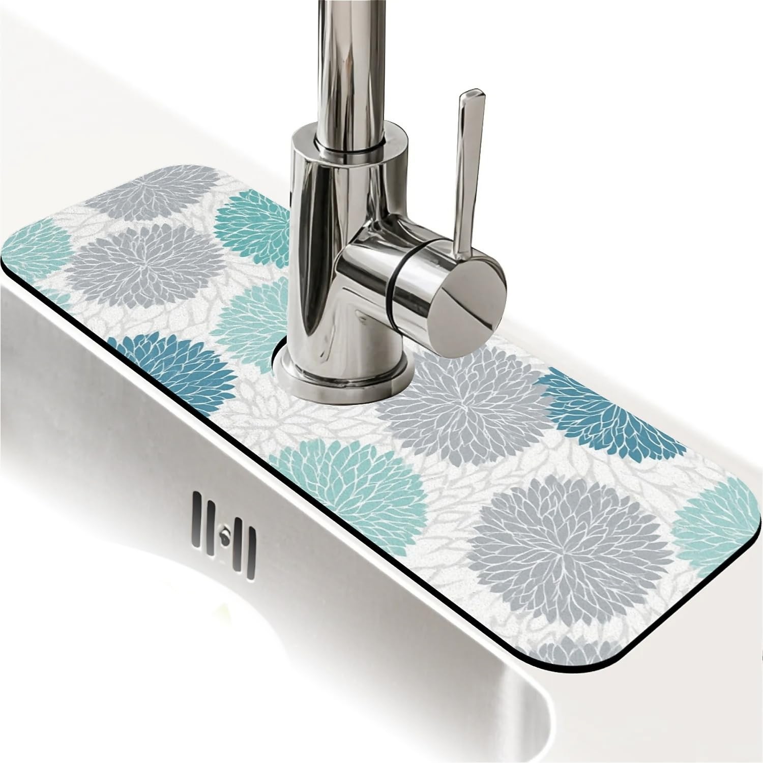 Kitchen Sink Splash Guard，Turquoise and gray flowers-1 Faucet Mat Sink Gadget... gallery