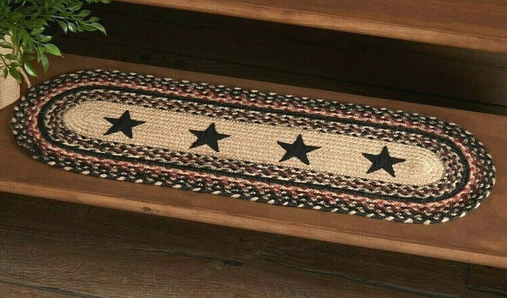 NEW PRIMTIVE TABLE RUNNER COLONIAL STAR Tread Braided Jute 27"L Black Red Tan