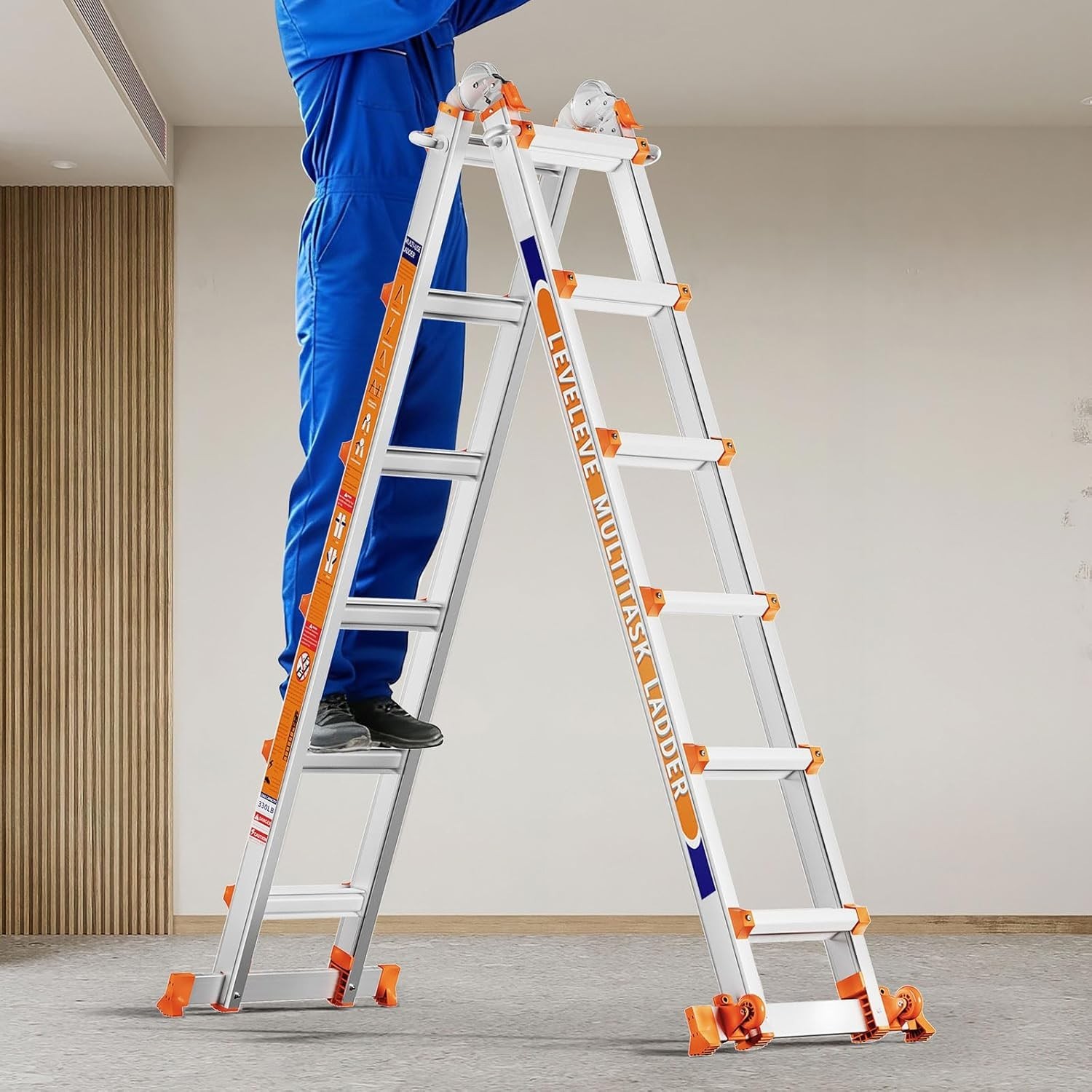22FT Extension Ladder,A Frame 6 Step Ladder with Stabilizer Bar Wheels 330 lbs gallery