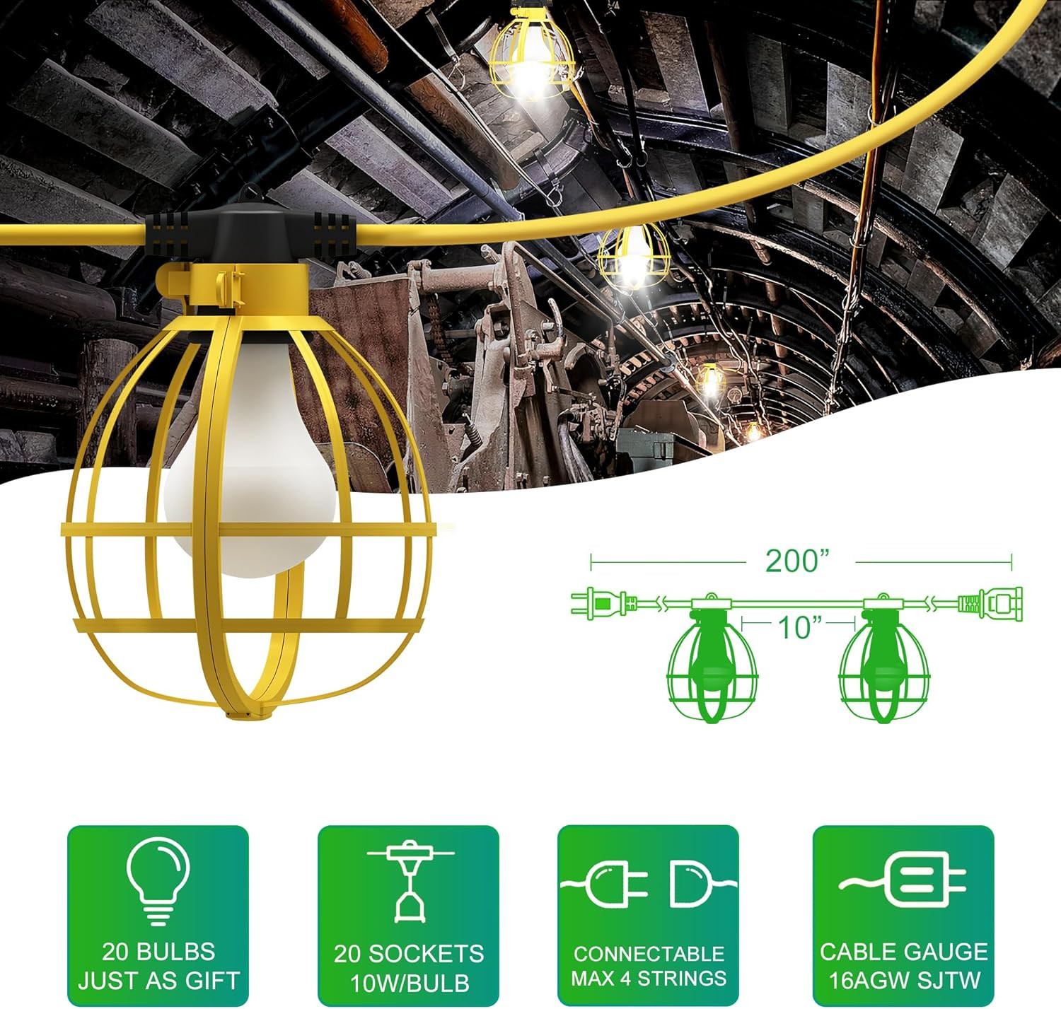 200FT Construction String Lights - 20 Bulbs, 21000LM Temporary Job Site Lighting gallery